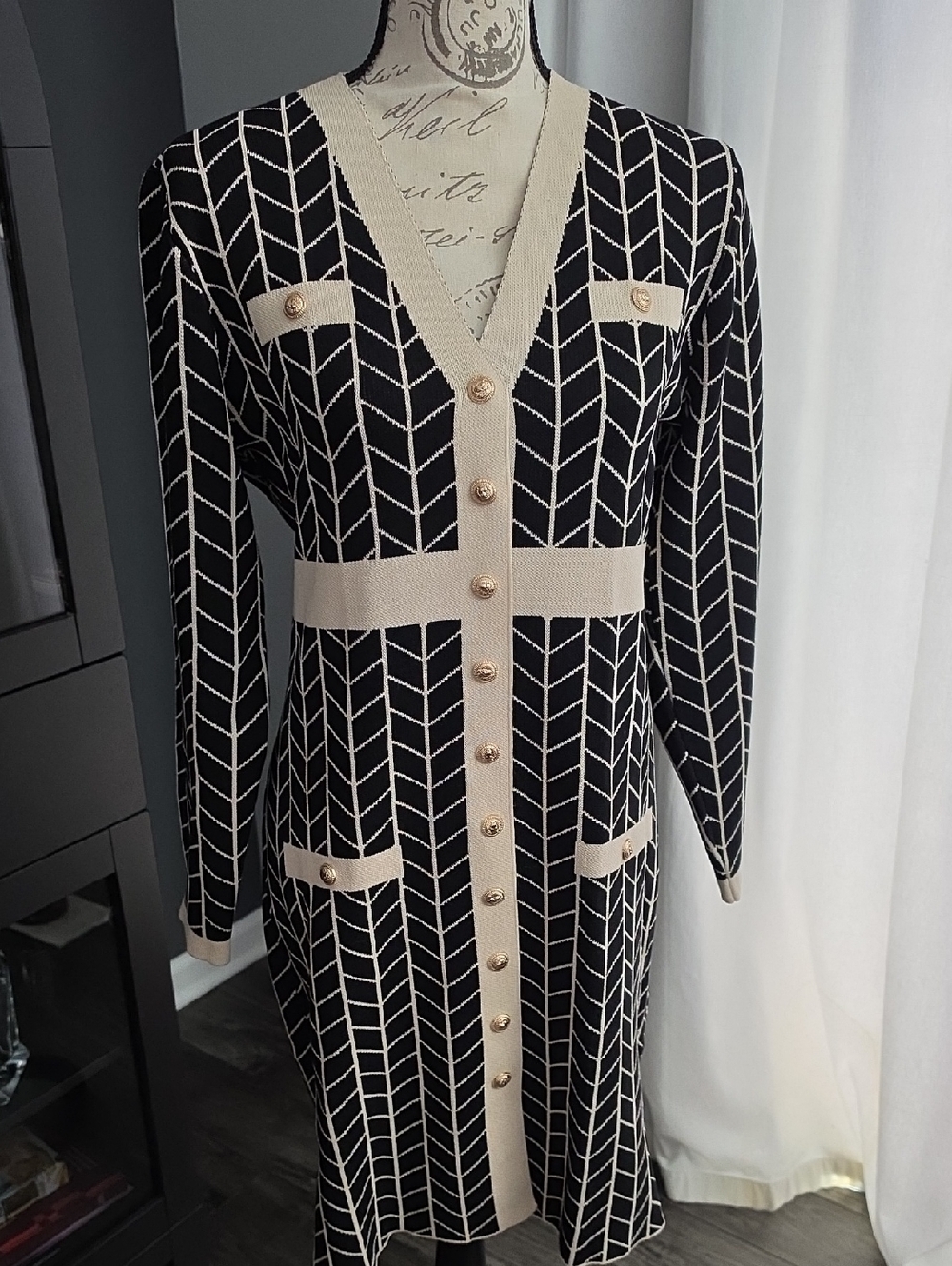 Black and Cream Long Sleeve Button-Front Knit Dress
